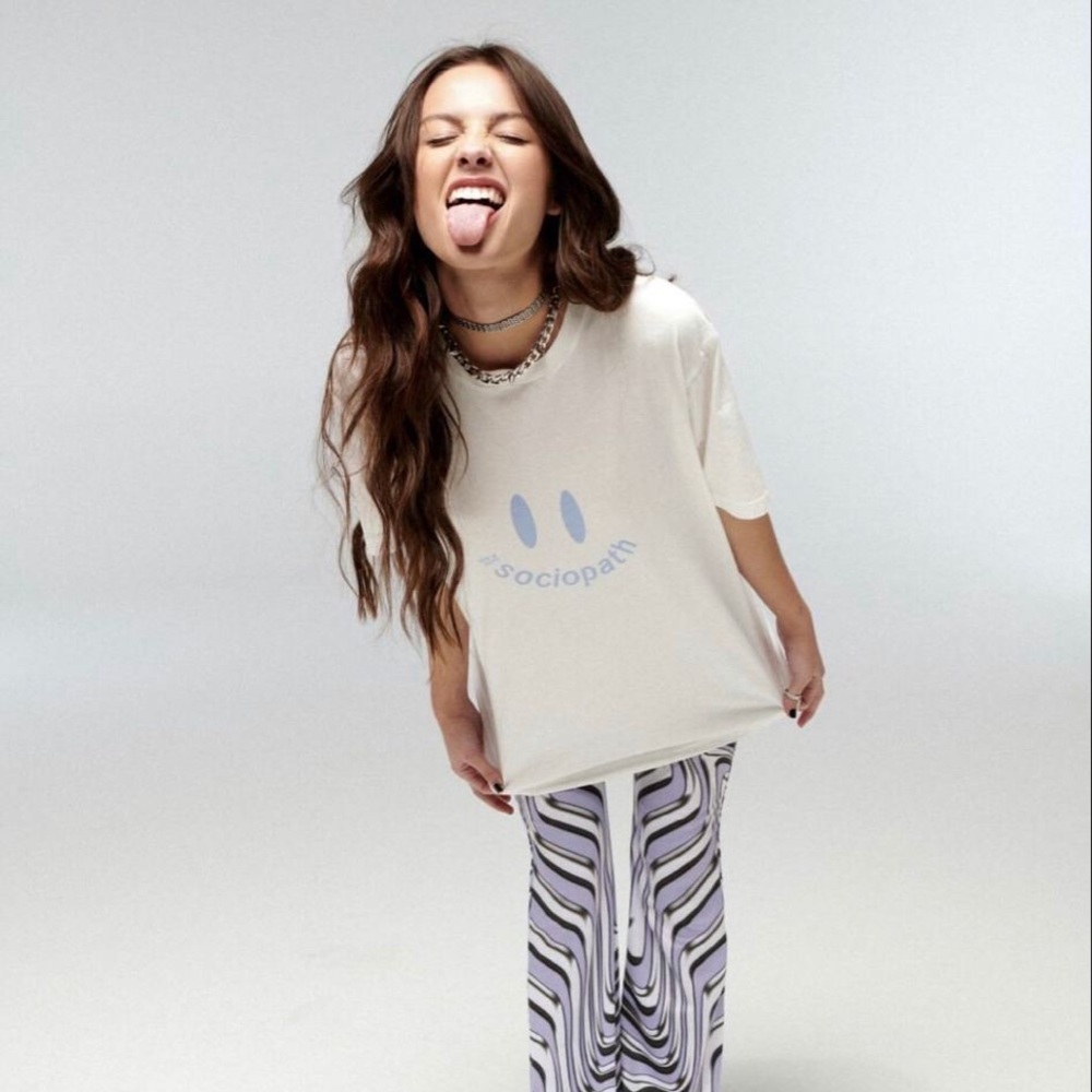 Olivia Rodrigo white Sociopath blue happy face Good 4 U puff print Shirt